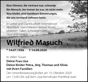 Traueranzeige von Wilfried Masuch von Märkische Oderzeitung