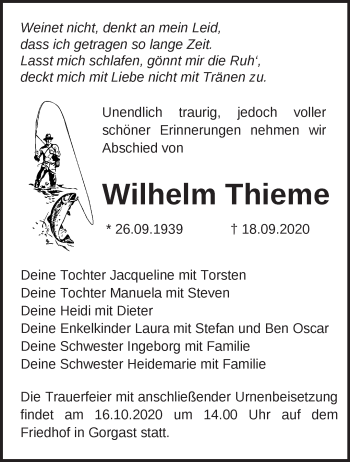 Traueranzeige von Wilhelm Thieme von Märkische Oderzeitung