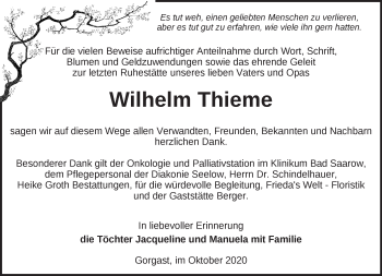 Traueranzeige von Wilhelm Thieme von Märkische Oderzeitung