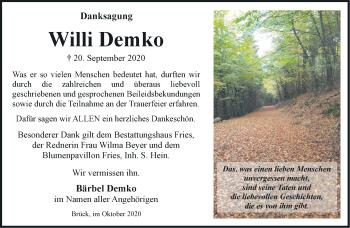 Traueranzeige von Willi Demko von Märkische Oderzeitung