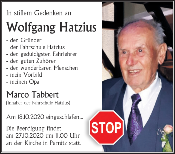 Traueranzeige von Wolfgang Hatzius von Märkische Oderzeitung