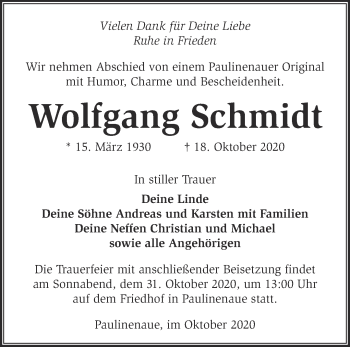 Traueranzeige von Wolfgang Schmidt von Märkische Oderzeitung