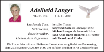 Traueranzeige von Adelheid Langer von Märkische Oderzeitung