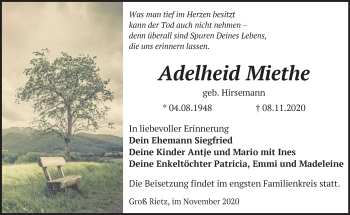 Traueranzeige von Adelheid Miethe von Märkische Oderzeitung