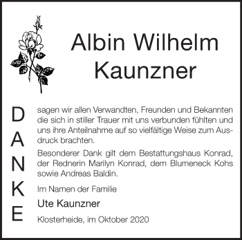 Traueranzeige von Albin Wilhelm Kauzner von Märkische Oderzeitung