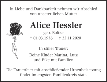 Traueranzeige von Alice Hessler von Märkische Oderzeitung