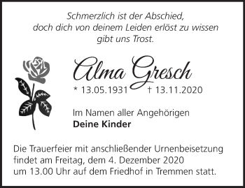 Traueranzeige von Alma Gresch von Märkische Oderzeitung