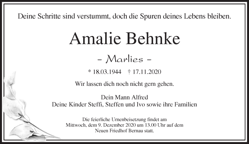  Traueranzeige für Amalie Behnke vom 28.11.2020 aus Märkische Oderzeitung