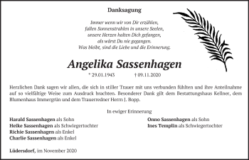 Traueranzeige von Angelika Sassenhagen von Märkische Oderzeitung