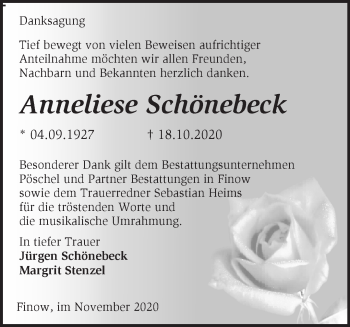 Traueranzeige von Anneliese Schönebeck von Märkische Oderzeitung