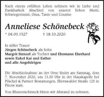 Traueranzeige von Anneliese Schönebeck von Märkische Oderzeitung