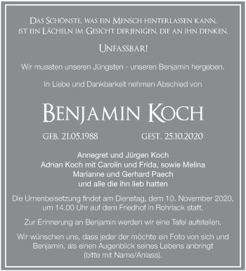 Traueranzeige von Benjamin Koch von Märkische Oderzeitung