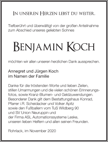 Traueranzeige von Benjamin Koch von Märkische Oderzeitung