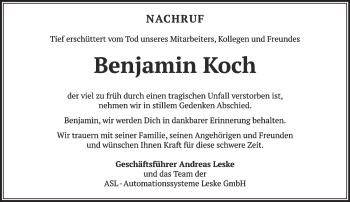 Traueranzeige von Benjamin Koch von Märkische Oderzeitung