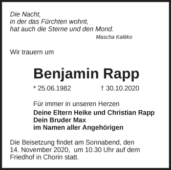 Traueranzeige von Benjamin Rapp von Märkische Oderzeitung