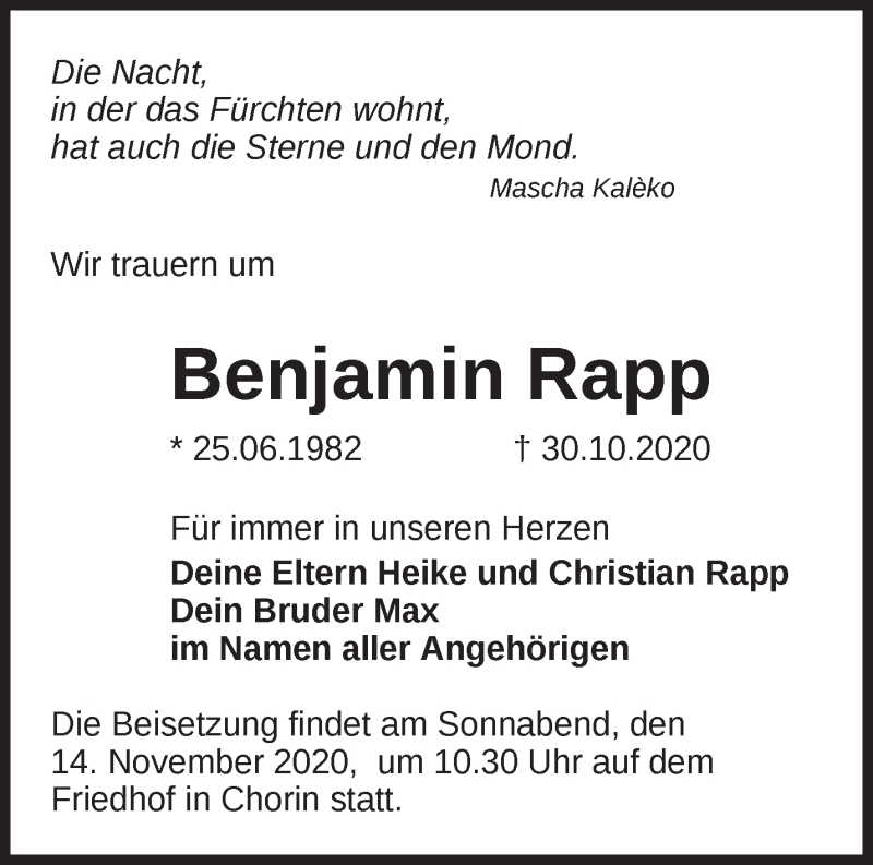  Traueranzeige für Benjamin Rapp vom 08.11.2020 aus Märkische Oderzeitung