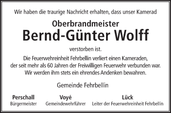 Traueranzeige von Bernd-Günter Wolff von Märkische Oderzeitung