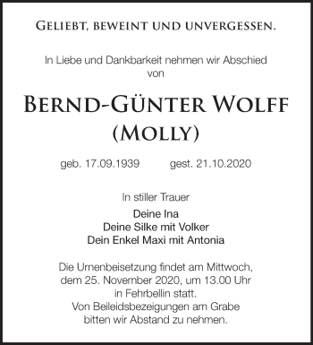 Traueranzeige von Bernd-Günter Wolff von Märkische Oderzeitung