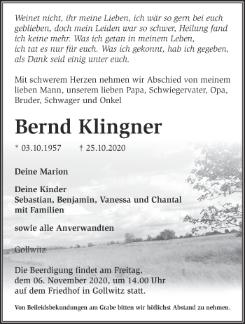 Traueranzeige von Bernd Klingner von Märkische Oderzeitung