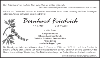 Traueranzeige von Bernhard Friedrich von Märkische Oderzeitung