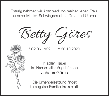 Traueranzeige von Betty Göres von Märkische Oderzeitung