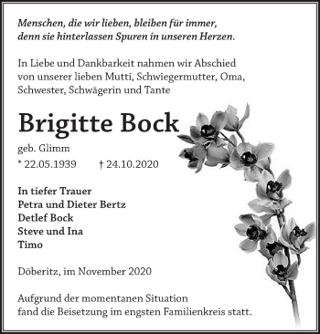 Traueranzeige von Brigitte Bock von Märkische Oderzeitung