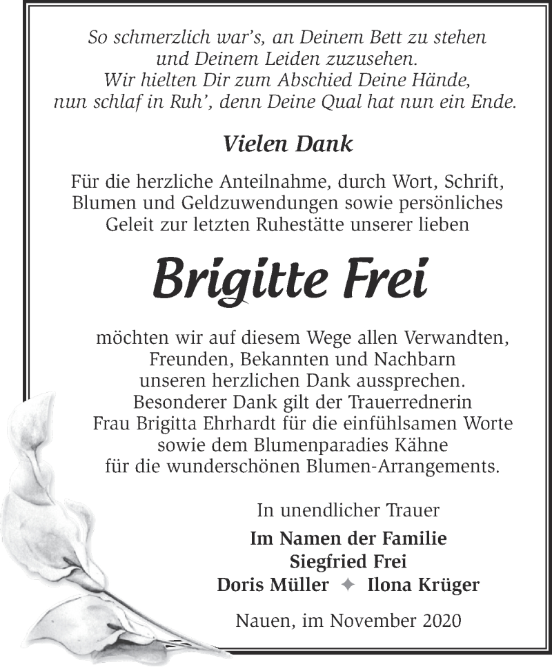 Traueranzeigen Von Brigitte Frei | Märkische Onlinezeitung Trauerportal