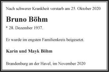 Traueranzeige von Bruno Böhm von Märkische Oderzeitung