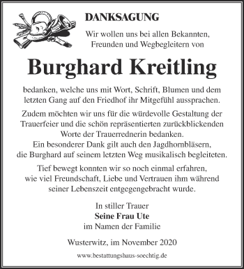 Traueranzeige von Burghard Kreitling von Märkische Oderzeitung