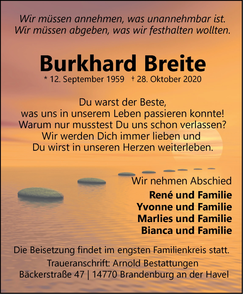  Traueranzeige für Burkhard Breite vom 08.11.2020 aus Märkische Oderzeitung