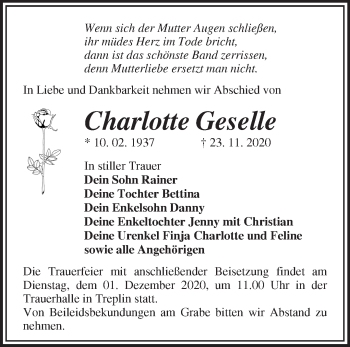 Traueranzeige von Charlotte Geselle von Märkische Oderzeitung