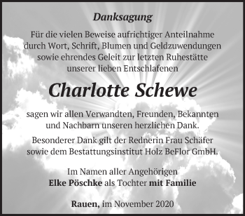 Traueranzeige von Charlotte Schewe von Märkische Oderzeitung