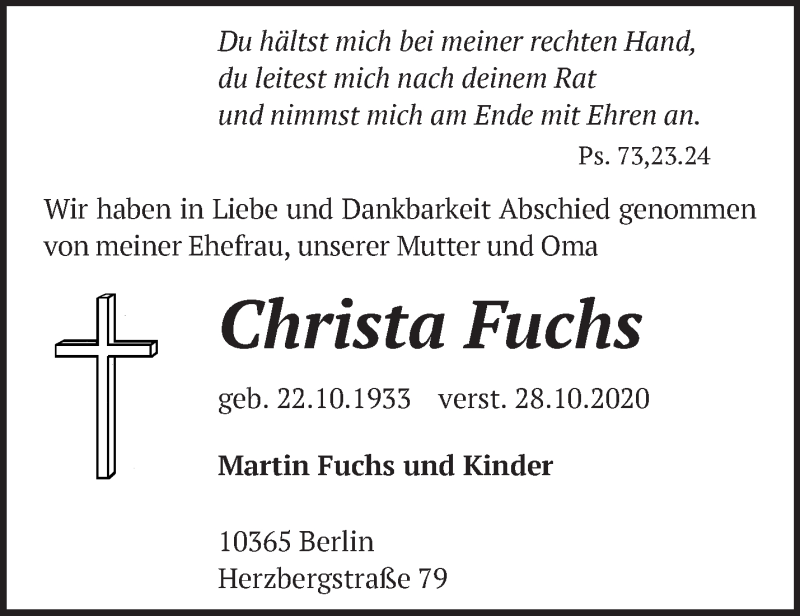 Traueranzeigen Von Christa Fuchs Markische Onlinezeitung Trauerportal