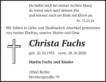 Traueranzeige von Christa Fuchs von Märkische Oderzeitung