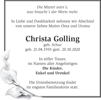 Traueranzeige von Christa Golling von Märkische Oderzeitung