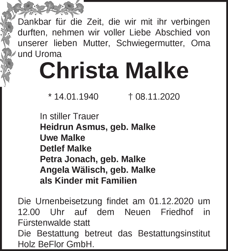 Traueranzeige für Christa Malke vom 21.11.2020 aus Märkische Oderzeitung