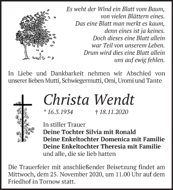 Traueranzeige von Christa Wendt von Märkische Oderzeitung