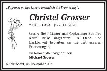 Traueranzeige von Christel Grosser von Märkische Oderzeitung