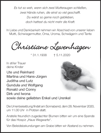 Traueranzeige von Christiane Lewenhagen von Märkische Oderzeitung