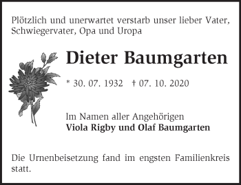 Traueranzeige von Dieter Baumgarten von Märkische Oderzeitung