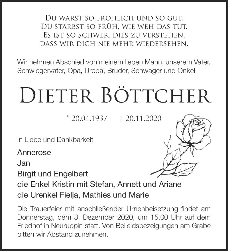  Traueranzeige für Dieter Böttcher vom 28.11.2020 aus Märkische Oderzeitung