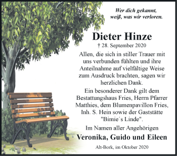 Traueranzeige von Dieter Hinze von Märkische Oderzeitung