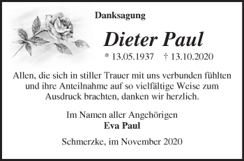 Traueranzeige von Dieter Paul von Märkische Oderzeitung