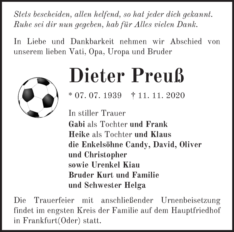  Traueranzeige für Dieter Preuß vom 21.11.2020 aus Märkische Oderzeitung