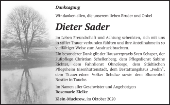 Traueranzeige von Dieter Sader von Märkische Oderzeitung