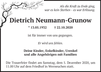 Traueranzeige von Dietrich Neumann-Grunow von Märkische Oderzeitung