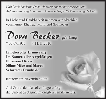 Traueranzeige von Dora Becker von Märkische Oderzeitung