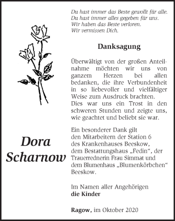 Traueranzeige von Dora Scharnow von Märkische Oderzeitung