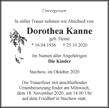 Traueranzeige von Dorothea Kanne von Märkische Oderzeitung