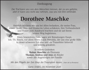 Traueranzeige von Dorothee Maschke von Märkische Oderzeitung